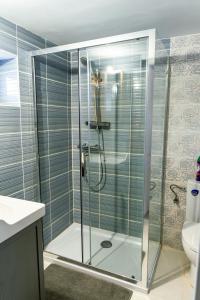 a shower with a glass door in a bathroom at Villány Outback in Kisjakabfalva