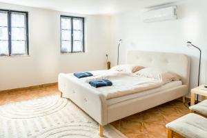 a bedroom with a bed with two blue pillows on it at Villány Outback in Kisjakabfalva