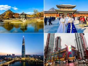 a collage of photos of cities and buildings at Seoul Ahava Hotel in Seoul