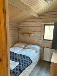 a small bed in a wooden cabin with a window at Úthlíd Cottages in Úthlid +50 photos