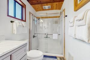 a bathroom with a shower and a toilet at The Music Chalet in Ronald +18 photos