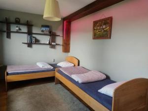 two beds in a room with shelves on the wall at Chata za Wsią u Kowalików in Skała