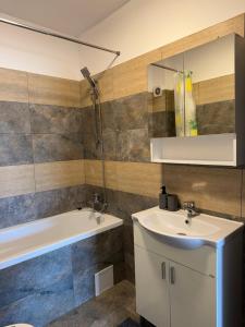a bathroom with a sink and a bath tub at Bounty Home in Bistriţa