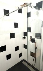 a shower with black and white tiles at Sous le figuier in Marseille +3 photos