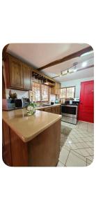 a kitchen with wooden cabinets and a counter top at Cabaña kobata in Villa Mills