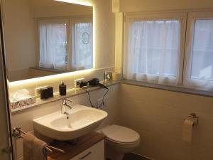 a bathroom with a sink and a toilet and a mirror at Steakhüsli Hotel- Restaurant in Schopfheim +89 photos