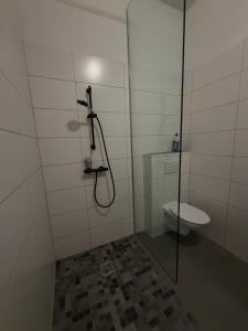a bathroom with a shower and a toilet at Smartstay Porta in Porta Westfalica
