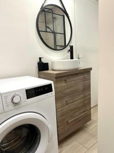 a bathroom with a washing machine and a mirror at Studio refait à neuf Chez Linda in Zicavo