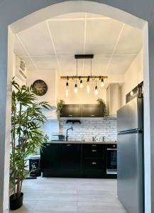 a kitchen with black cabinets and a refrigerator at Studio refait à neuf Chez Linda in Zicavo