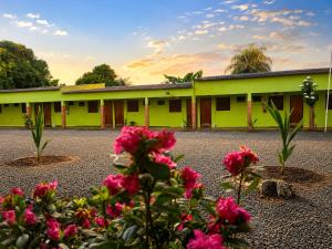 a green building with pink flowers in front of it at Hotel Natureza in Anhanduí