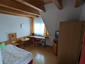 a bedroom with a bed and a desk and a television at Steakhüsli Hotel- Restaurant in Schopfheim