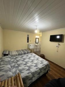 a bedroom with two beds and a flat screen tv at Pousada Rural João De Barro 1 in Capela Ivapurunduva