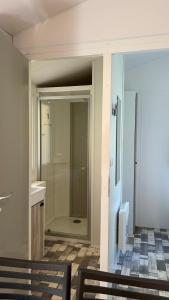 a bathroom with a shower and a glass door at Camping le Martin Pêcheur in Magné