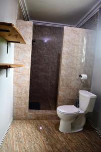 a bathroom with a toilet and a shower at Riverside Lodge Bansang in Bansang +42 photos