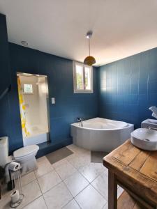 a blue bathroom with a tub and a toilet at Hyper centre Libourne - Cosy & tout à pied in Libourne +9 photos