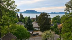 a view of a lake with houses and trees at Hilltop Apartments in Fonyód