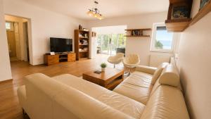 a living room with a couch and a tv at Hilltop Apartments in Fonyód