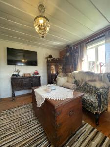a living room with a couch and a coffee table at Posti Tiny House with Garden in Haapsalu