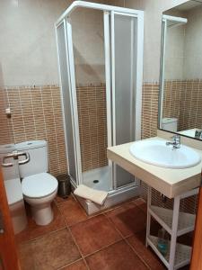 a bathroom with a toilet and a sink and a shower at Cor De Prades in Mont-ral +47 photos