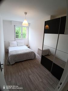 a bedroom with a bed and a large mirror at Les Marines du Cachalot in Villers-sur-Mer