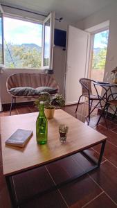 a living room with a green bottle on a table at Mini-maison indépendante vue montagne- Corse in Poggio-Marinaccio