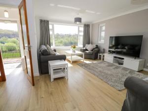 a living room with a couch and a television at Trem Y Foel in Penrhyndeudreath