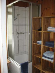 a shower with a glass door in a bathroom at Ferienwohnung Gutzeit in Flensburg +8 photos