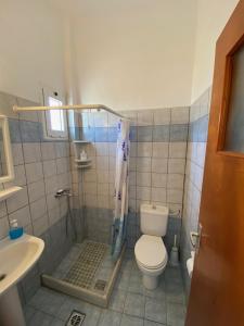 a bathroom with a shower with a toilet and a sink at Hotel Helena in Ios Chora +79 photos