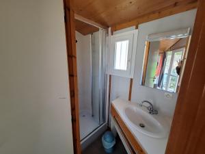 a bathroom with a sink and a shower and a mirror at Camping Verte Rive in Saint-Laurent-de-Cerdans +11 photos