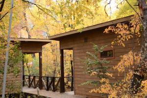 a wooden cabin with a porch in the woods at Cabañas La posada del Valle in Las Trancas +31 photos