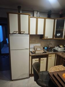 a kitchen with a white refrigerator and a sink at Mansilla Petit Inn in Mansilla de las Mulas