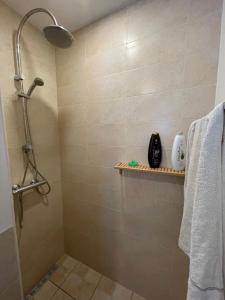 a bathroom with a shower and a sink and a towel at Villa avec Piscine Privée à Djerba Dar Jafra in Houmt Souk +27 photos