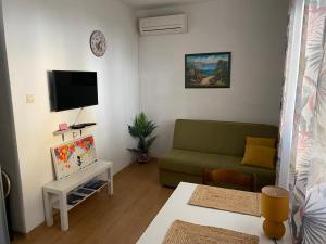 a living room with a couch and a tv at Sun Apartment in Tivat
