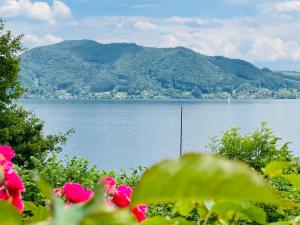 a view of a large body of water with pink flowers at Villa Weiss in Attersee am Attersee
