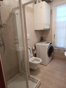 a bathroom with a toilet and a washing machine at Appartamento Marmolada in Pieve di Livinallongo +11 photos
