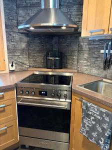 a kitchen with a stove and a sink at Luppocee in Ylläsjärvi +12 photos