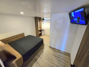 a bedroom with a bed and a flat screen tv on a wall at Alambique Hotel Express in Arandas