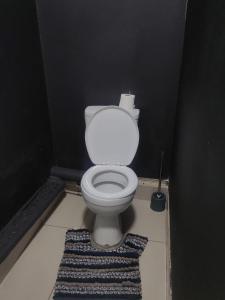a white toilet in a bathroom with a rug at Camp Inn Lodge in Pietermaritzburg +12 photos