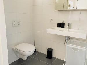 a white bathroom with a toilet and a sink at Modern Studio 1 in Historic Abbey in Cadier en Keer