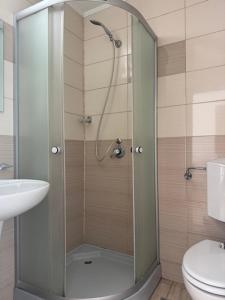 a shower in a bathroom with a toilet and a sink at Motel Vatra Bunătăților in Brezoi +100 photos