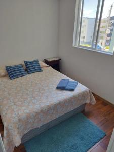 a bedroom with a bed with blue pillows and a window at Apartamento punta Arenas in Punta Arenas