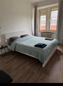 a bedroom with a large bed with blue sheets at Leo, apartment in Wasserbillig