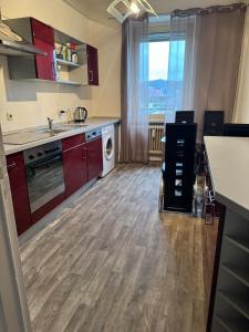 a kitchen with red cabinets and a large window at Leo, apartment in Wasserbillig
