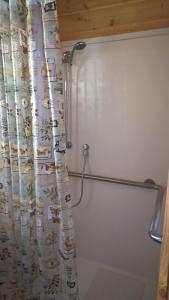 a shower curtain in a bathroom with a shower curtain rod at Lake Minden Camping Resort Cottage 1 in Nicolaus