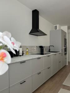 a kitchen with white cabinets and a black stove at Seminaari Hill Suite in Jyväskylä +2 photos