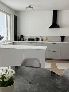a white kitchen with a table and chairs in it at Seminaari Hill Suite in Jyväskylä