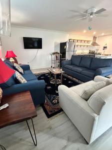 a living room with two blue couches and a tv at Chucks Cottage in Cape Charles in Cape Charles