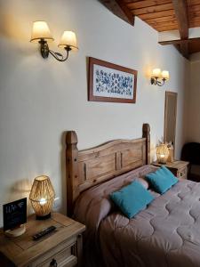 a bedroom with a large bed with two blue pillows at Hostal El Rincón del Trillo in La Alberca