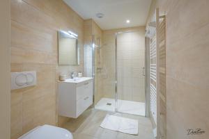 a bathroom with a shower and a toilet and a sink at Domaine de cézille-Appart hotel le Moulin du lac in Jayat