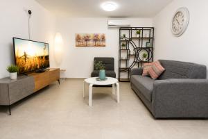 a living room with a couch and a tv at המקום של ברקו in Me‘ona